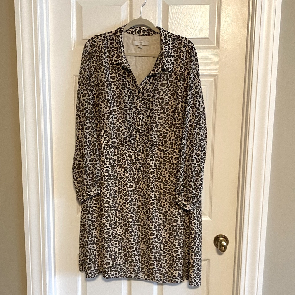 EUC Loft Leopard Print Button Down Poly Shirtdress